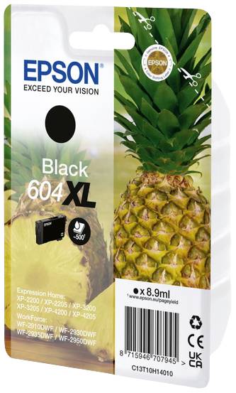 Balenie atramentovej kazety Epson 604XL v čiernej farbe. Na pozadí obrázok polovice ananásu. Obsahuje 8,9 ml atramentu.
