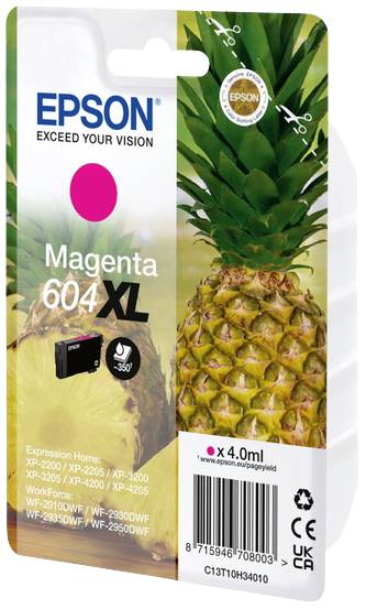 Atramentová cartridge Epson 604XL, purpurová, pre tlačiarne série XP a WF, vysoká výťažnosť, 350 strán, produktové balenie s obrázkom ananásu.