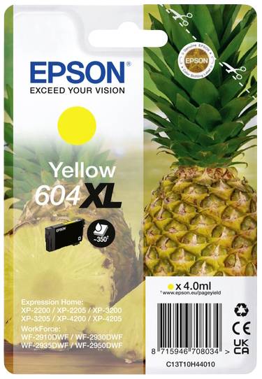'Atramentová cartridge Epson 604XL v žltej farbe, zobrazená vedľa ananásu. Kompatibilná s rôznymi modelmi tlačiarní Expression Home a WorkForce.'