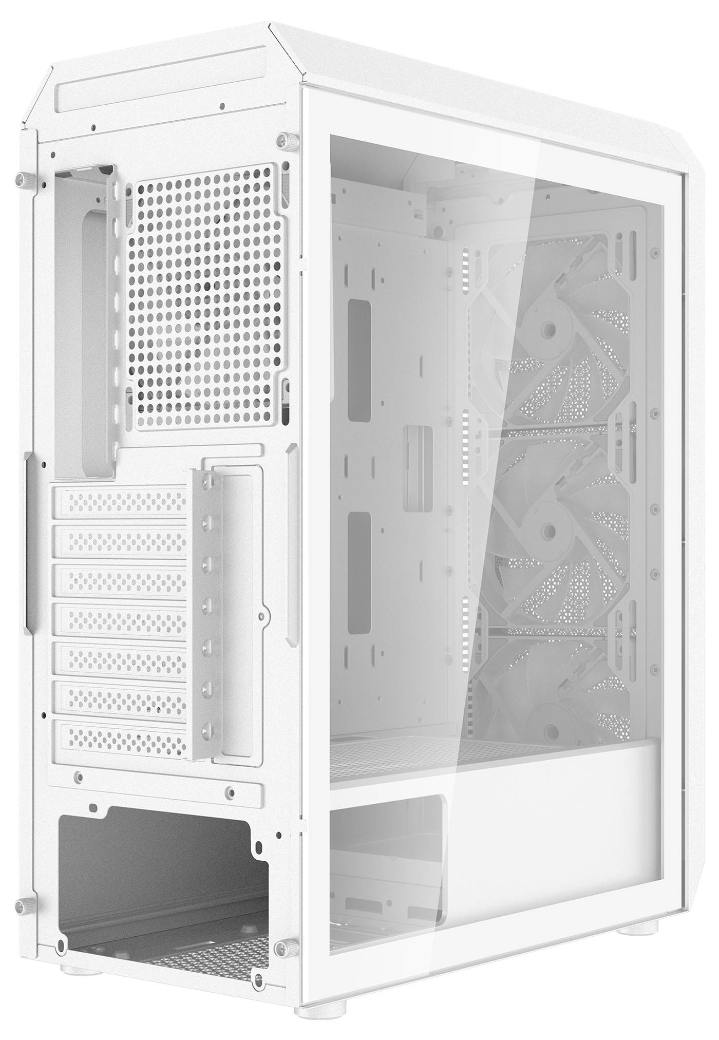 Biele počítačové púzdro s presklenou stranou a viacerými ventilátormi pre lepšie chladenie, zobrazené na minimalistickom pozadí.