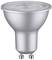 LED-lampa so strieborným krytom a päticou GU10, vhodná do reflektorov a na energeticky úsporné osvetlenie.