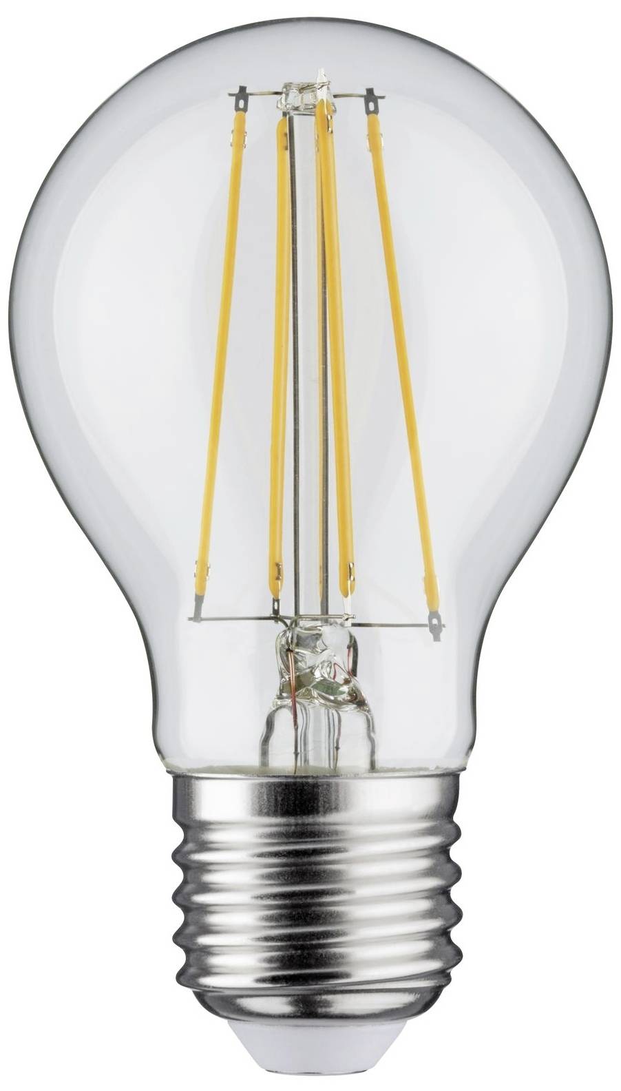 LED žiarovka s priehľadným obalom a viditeľným vláknom, umiestnená na bielom pozadí. Energeticky úsporná a moderná.