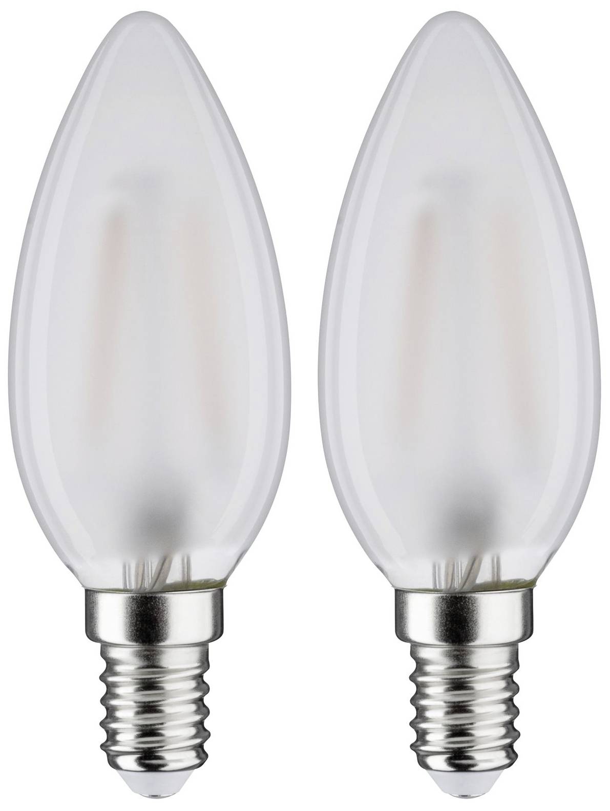 Dve LED sviečkové žiarovky so štandardom E14, s vytvarovaným dizajnom plameňa a čistým povrchom. Ideálne pre dekoratívne osvetlenie.