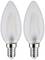 Dve LED sviečkové žiarovky so štandardom E14, s vytvarovaným dizajnom plameňa a čistým povrchom. Ideálne pre dekoratívne osvetlenie.