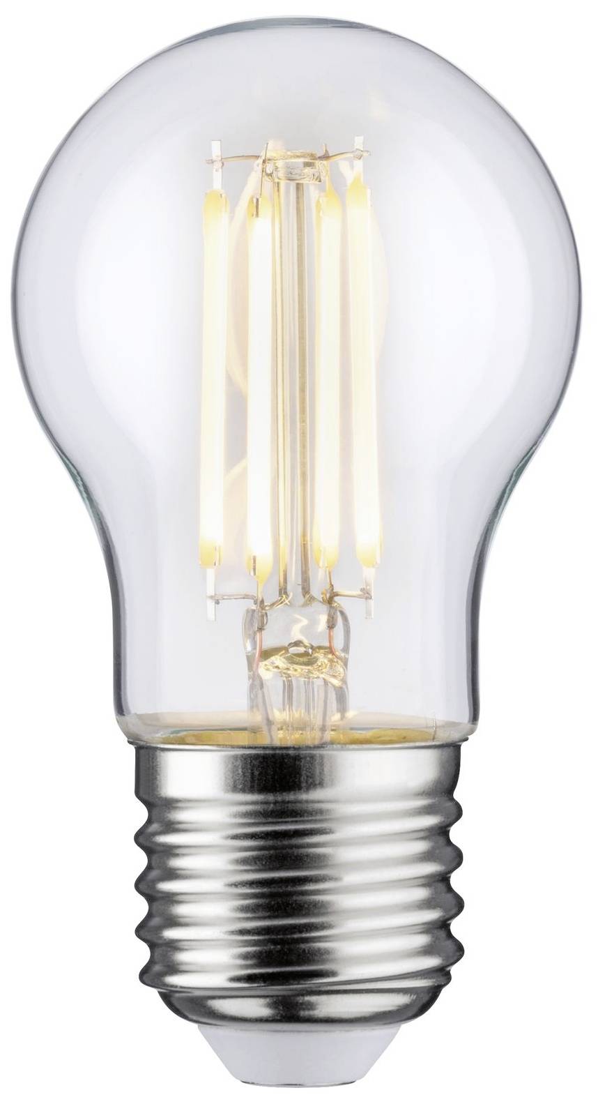 Rozsvietená LED žiarovka so zelenými vláknami, ktorá vyžaruje teplé svetlo, na bielom pozadí.