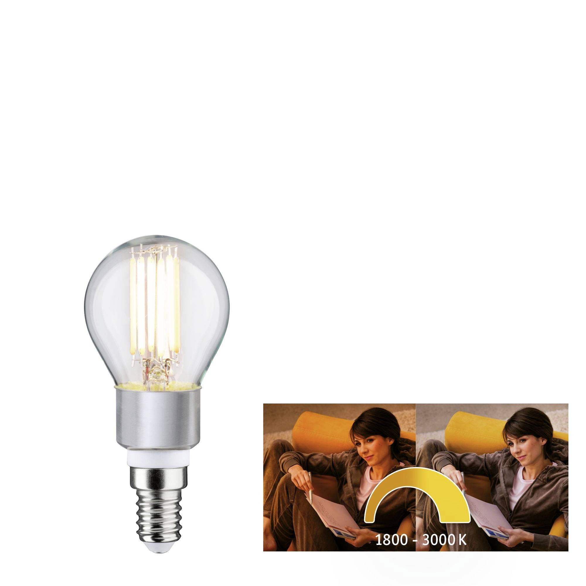 LED žiarovka so soklom E14; vedľa porovnávacie obrázky: žena číta pri rôznych farebných odtieňoch svetla, 1800K a 3000K.