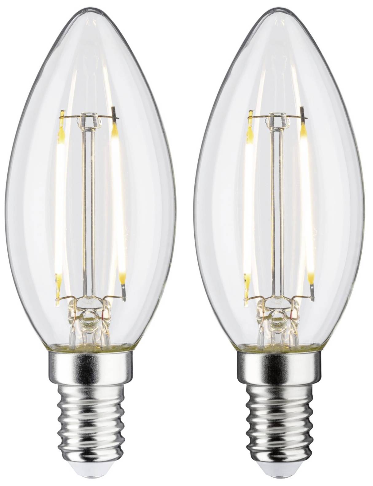 Dve LED sviečkové žiarovky s priesvitným sklom a viditeľným žiarivým vláknom, každá s päticou E14. Ideálne pre dekoratívne osvetlenie.