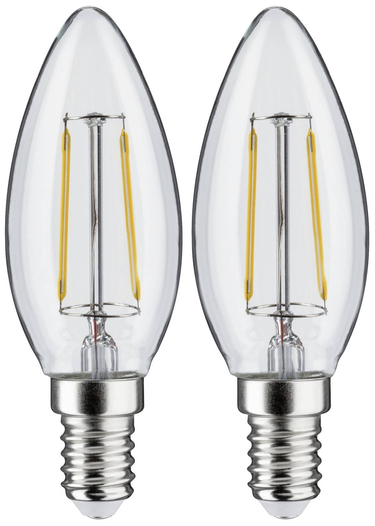 Dva jasné LED svetelné zdroje v tvare sviečky s päticou E14. Majú viditeľné vlákno a sú vhodné na použitie v lampách.