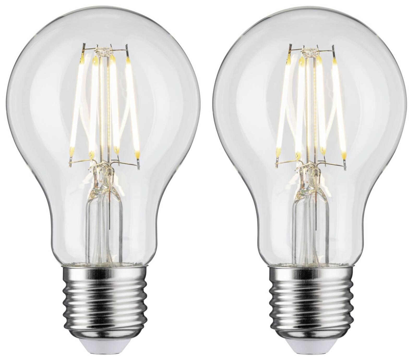 Dve identické LED žiarovky so viditeľnými vláknami. Majú tradičný tvar klasickej žiarovky a Edisonovu skrutkovú pätica.