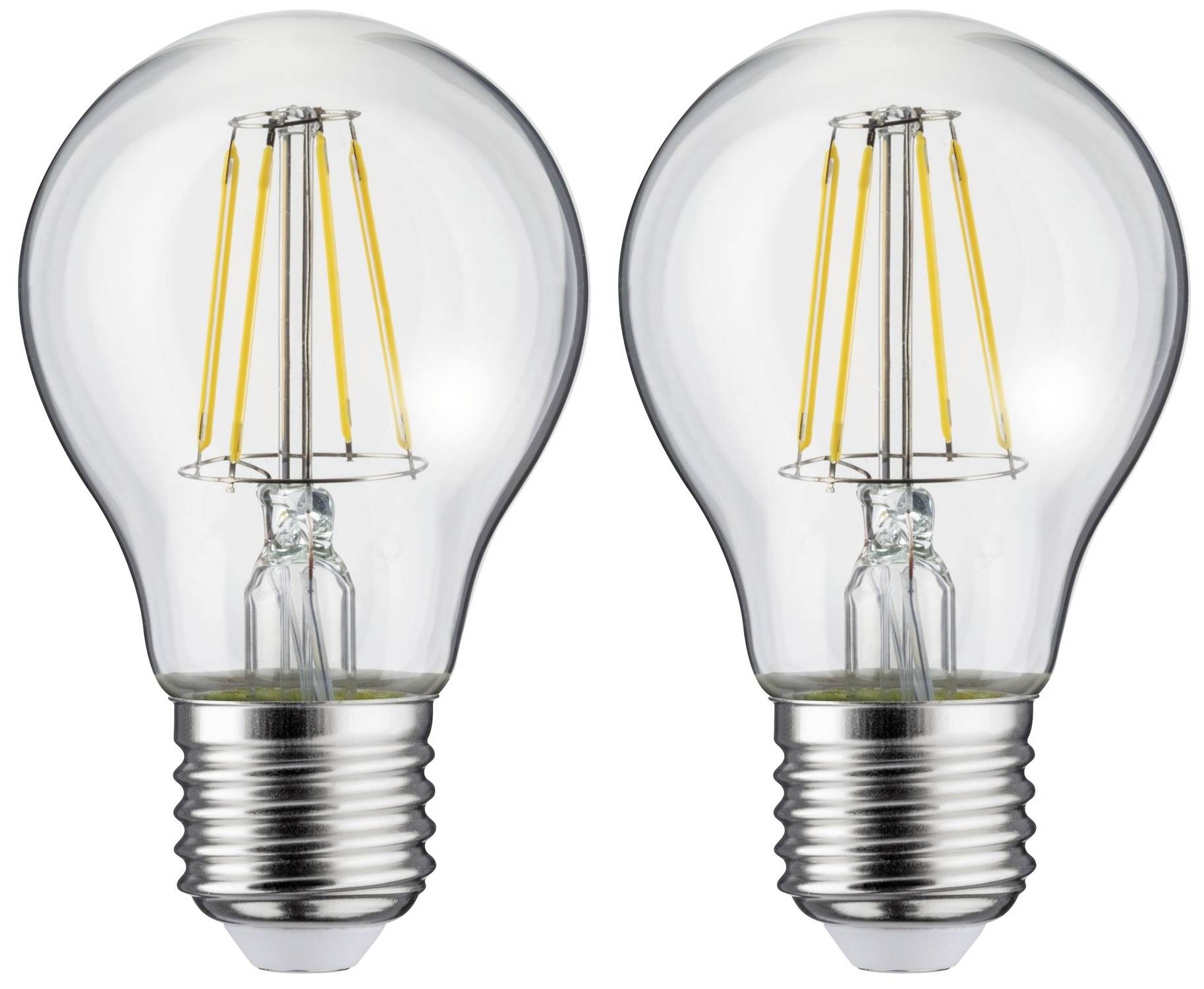 Dve LED žiarovky so viditeľnými vláknami a kovovými päticami na bielom pozadí.