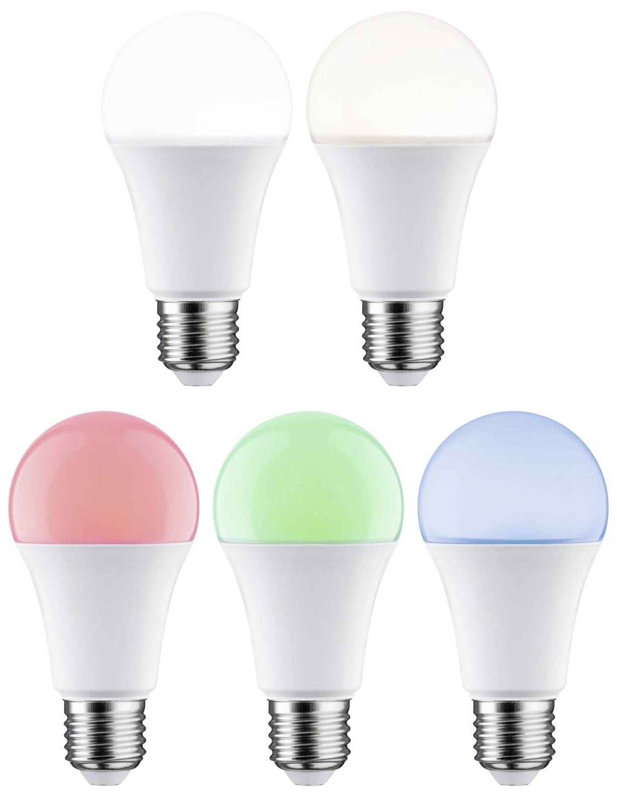 Päť LED žiaroviek v usporiadaní 2x3, ktoré zobrazujú rôzne farby svetla: biela, teplá biela, ružová, zelená a modrá.