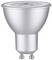 Strieborná LED bodová lampa so socketom GU10, vhodná na stropnú montáž, s úspornou funkciou, moderného dizajnu.
