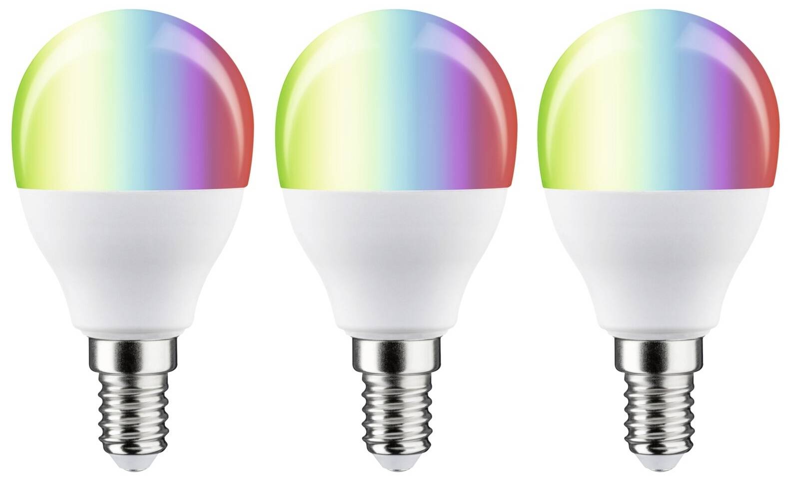 Tri farebné LED žiarovky v dúhových farbách s päticami E14, umiestnené vedľa seba.