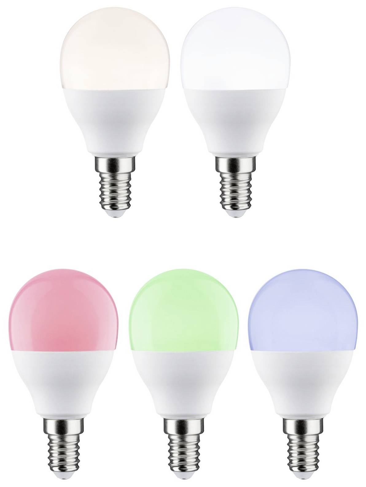 Päť LED žiaroviek vo farbách biela, ružová, zelená a modrá, zobrazených na bielom pozadí. Horná dvojica znázorňuje biele odtiene.