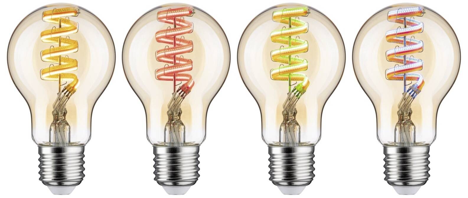 Štyri žiarovky vedľa seba, každá s rôznofarebnou špirálovitou žeraviacou niťou: oranžovou, červenou, zelenou a modrou.
