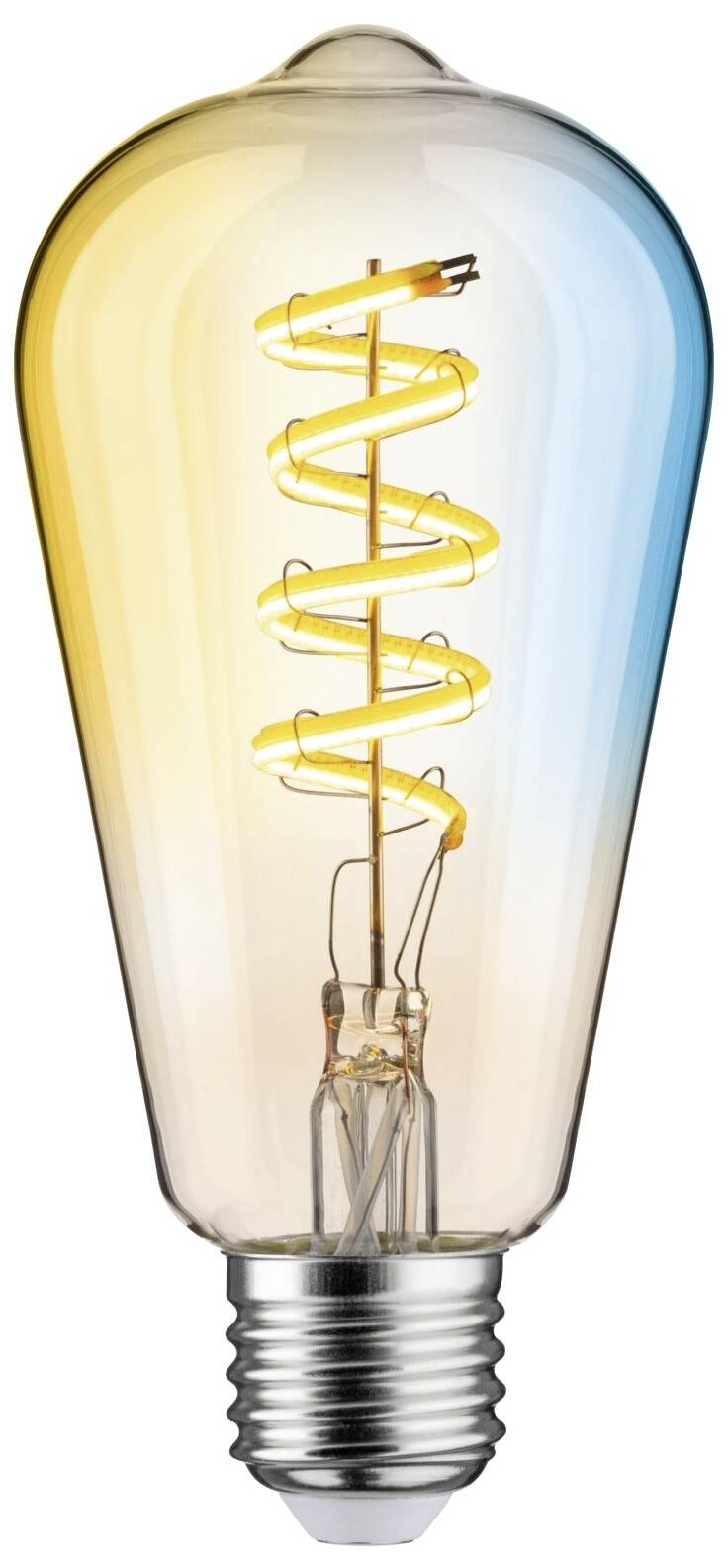 Štýlová žiarovka so viditeľným špirálovým žeravým vláknom, tónovaná do žltej a modrej farby, stelesňuje moderný a atraktívny dizajn.