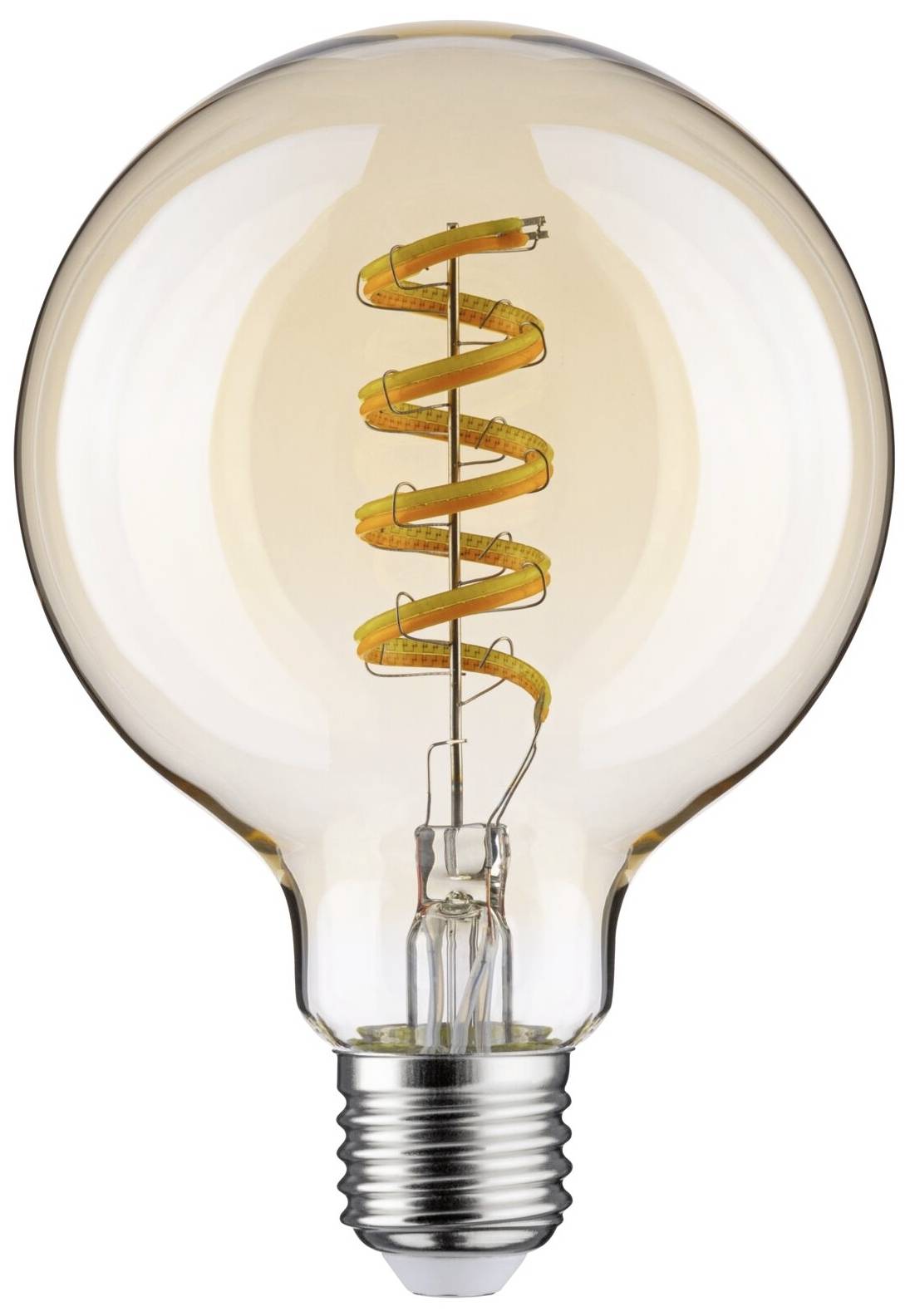 Elektrická žiarovka so viditeľným LED žeraviacim sa vláknom v špirálovitom tvare. Žiarovka má priehľadný, guľatý sklenený povrch a pätica E27.