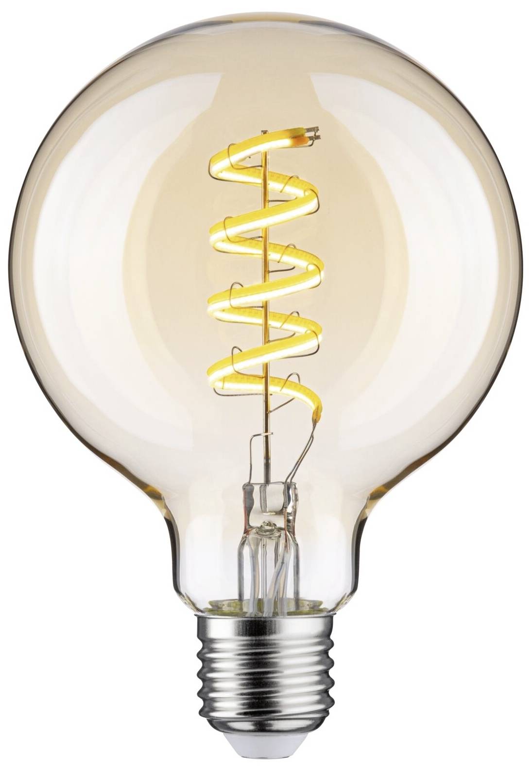 Žiarovka so špirálovým LED-žiarivým vláknom v priehľadnom skle, ktorá svieti teplou bielou farbou. Moderný dizajnový vzhľad, ideálna pre dekoratívne osvetlenie.