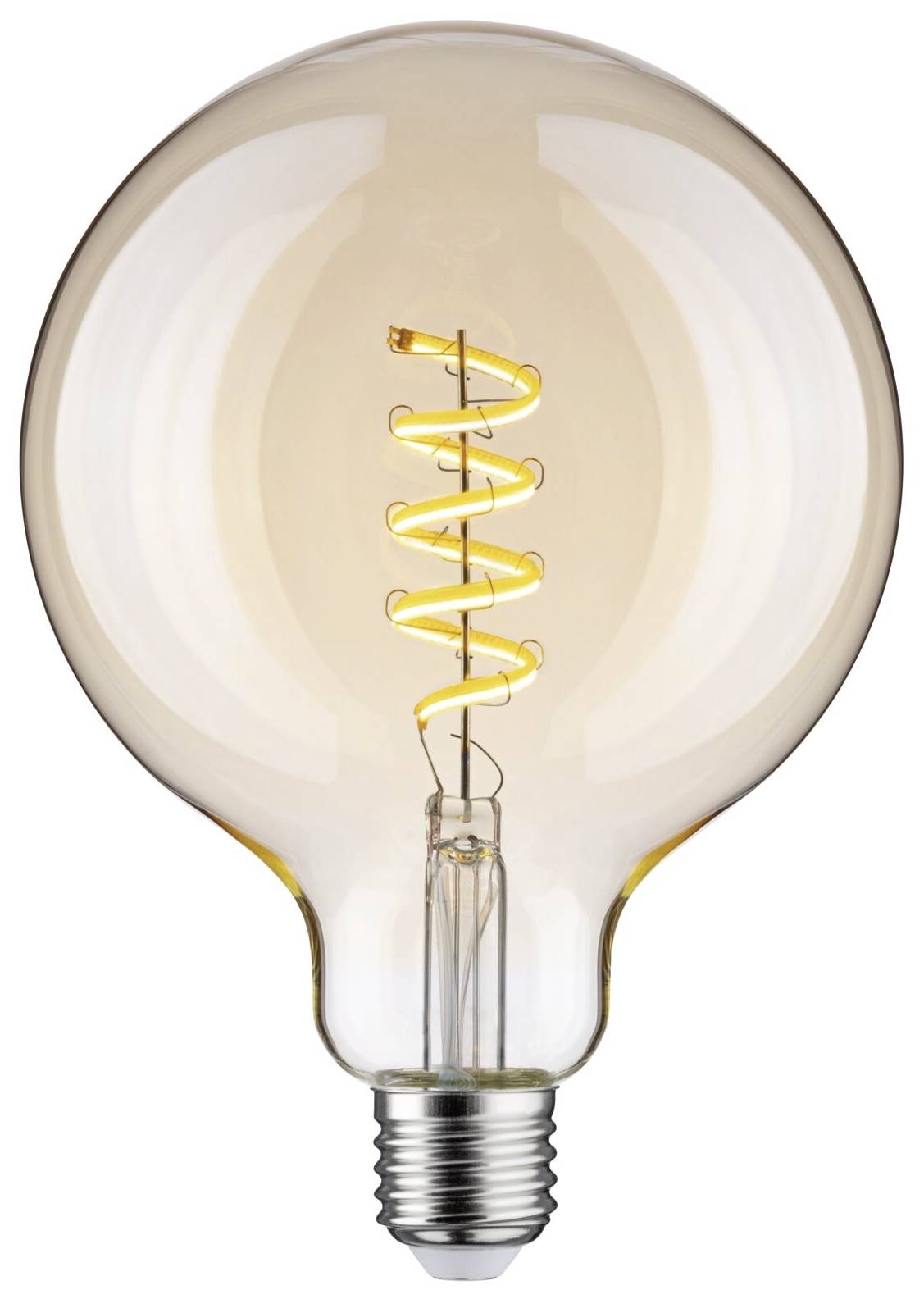 Žiarovka svieti viditeľnou špirálovou niťou v teplom žltom odtieni s moderným a štýlovým vzhľadom.