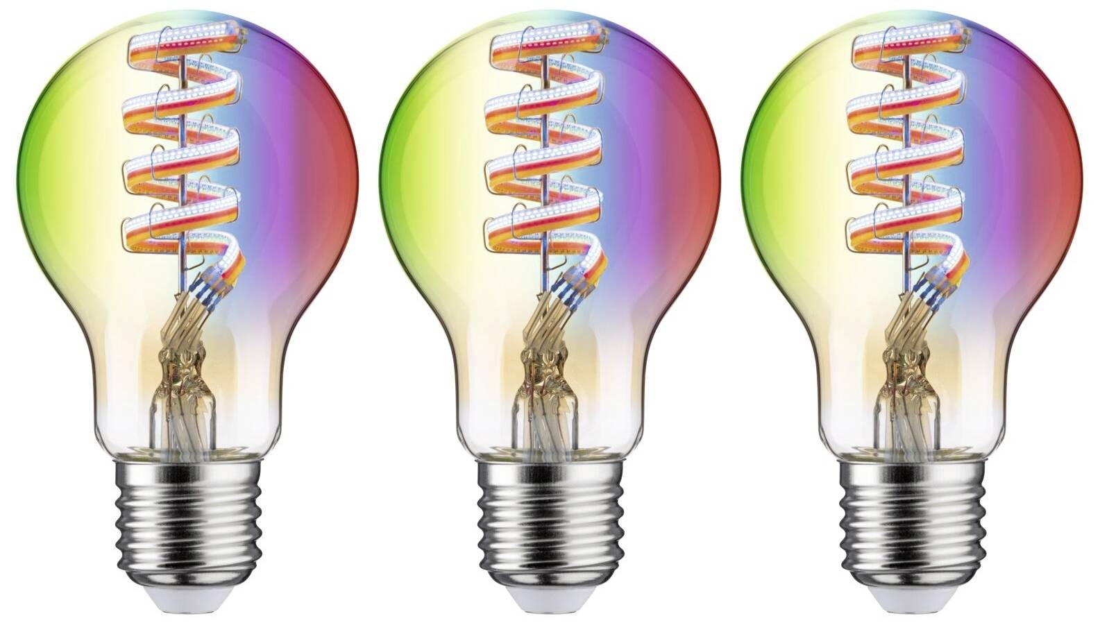 Tri žiarovky so špirálovou niťou, ktorá žiari v dúhových farbách. Každá žiarovka vykazuje rovnaký viacfarebný efekt.