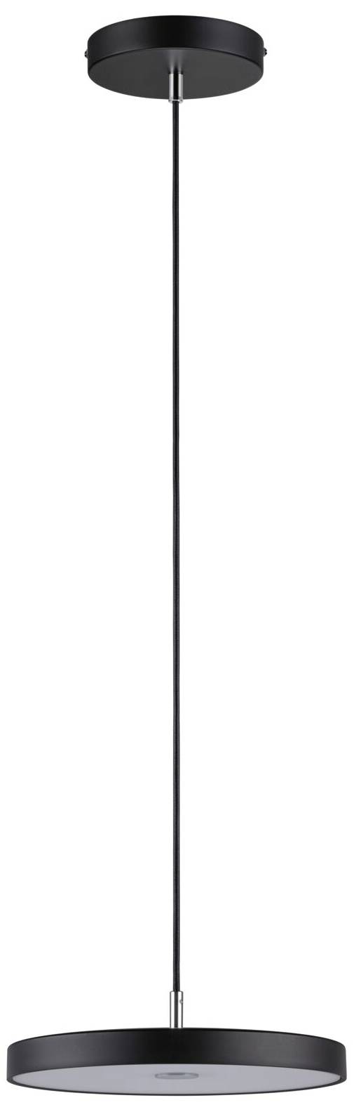 Čierne, valcovité stropné svietidlo s dlhým káblom a plochým tienidlom. Moderný dizajn do interiéru.