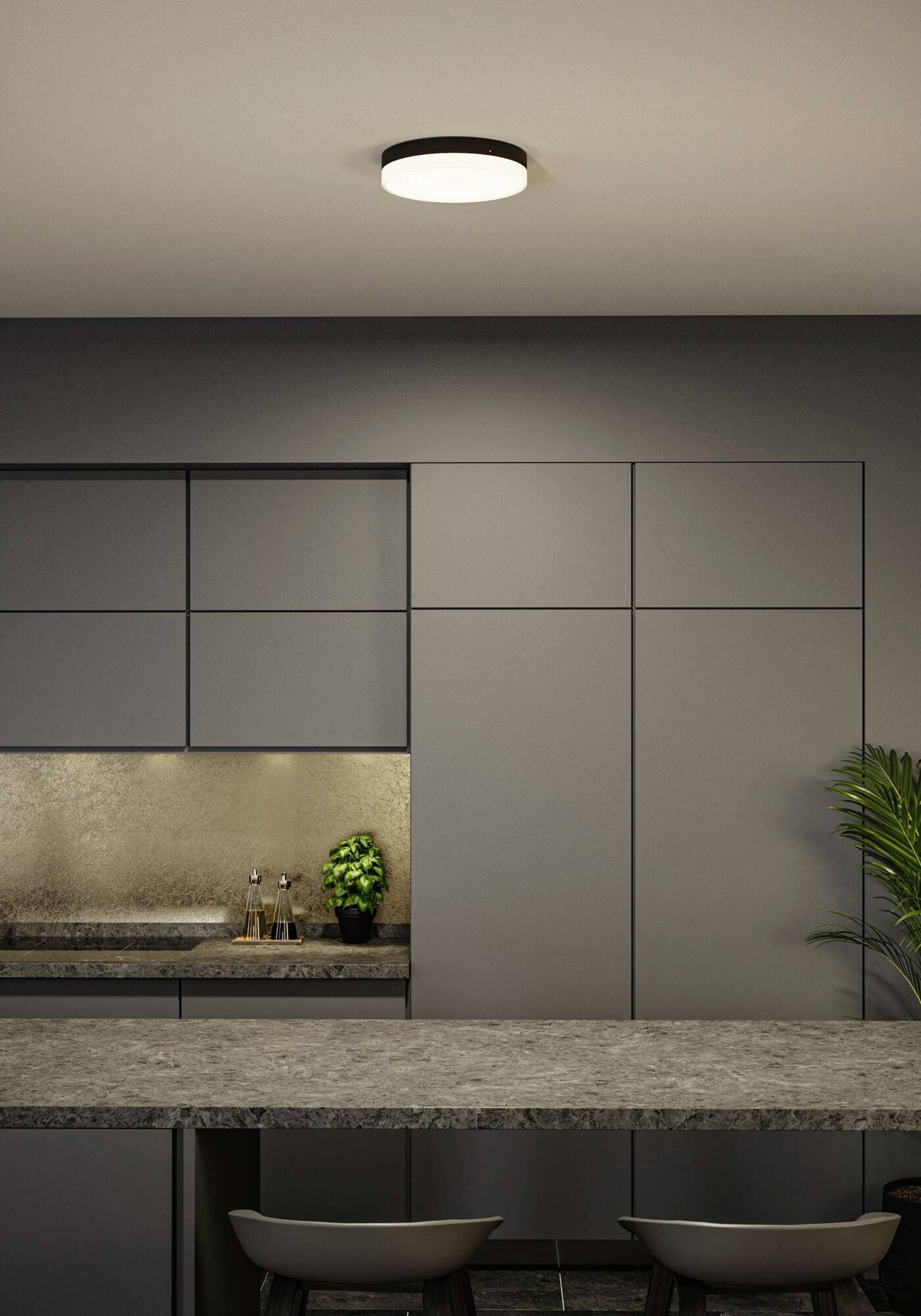 Kuchyňa s modernými sivými skrinkami, osvetlenou stropnou lampou, pracovnou doskou z kameňa; rastlina v pozadí.