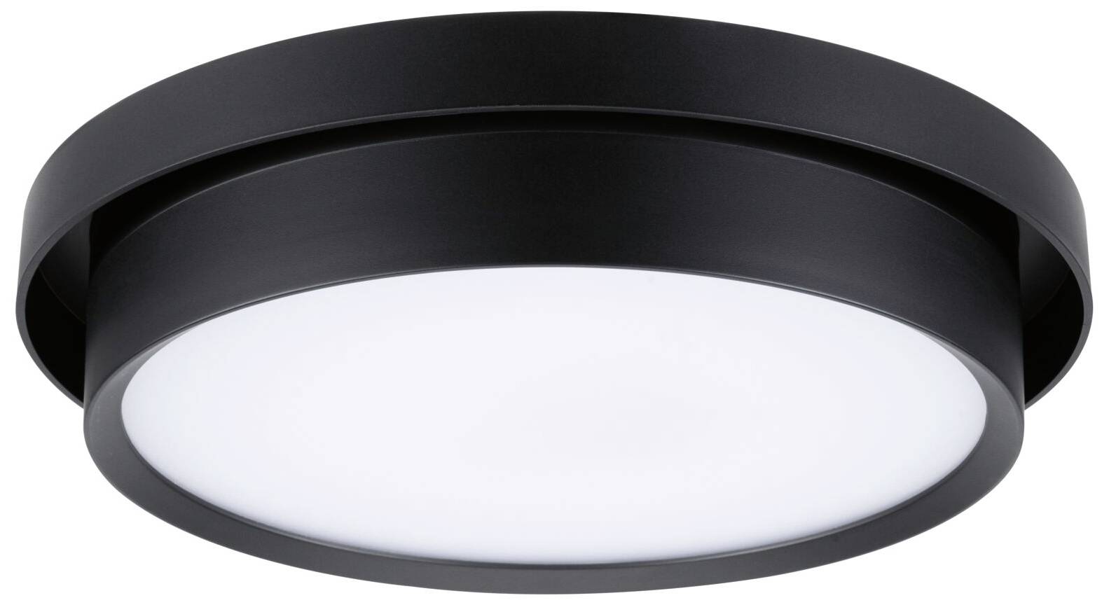 Čierne okrúhle stropné svietidlo s bielym svetelným zdrojom uprostred. Moderný dizajn, vhodný do interiérov.