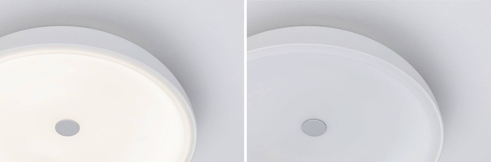 Stropné svetlo, vľavo zapnuté s teplým svetlom, vpravo vypnuté, pohľad z perspektívy zdola.