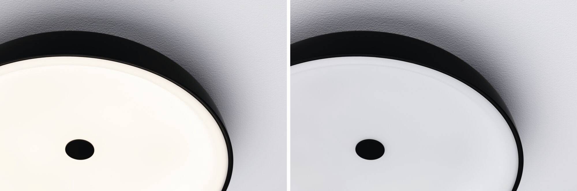 Dve okrúhle stropné svietidlá vedľa seba: vľavo zapnuté s teplým svetlom, vpravo vypnuté. Povrchy sú hladké a moderné.