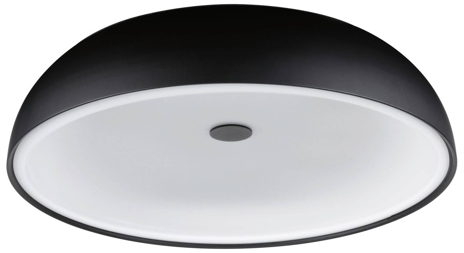 Čierne stropné svietidlo, okrúhle, s bielym difúzorom, moderné a jednoduché, vhodné do obytných alebo kancelárskych priestorov.