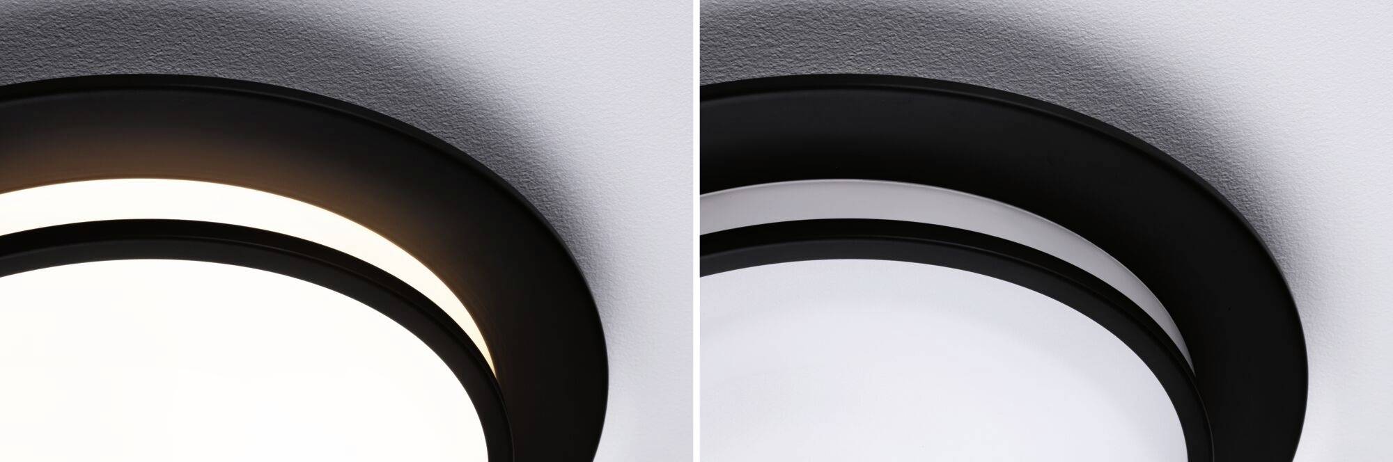 'Dva pohľady na modernú stropnú lampu s čiernym rámom, vľavo zobrazená v teplom svetle, vpravo v studenom svetle.'