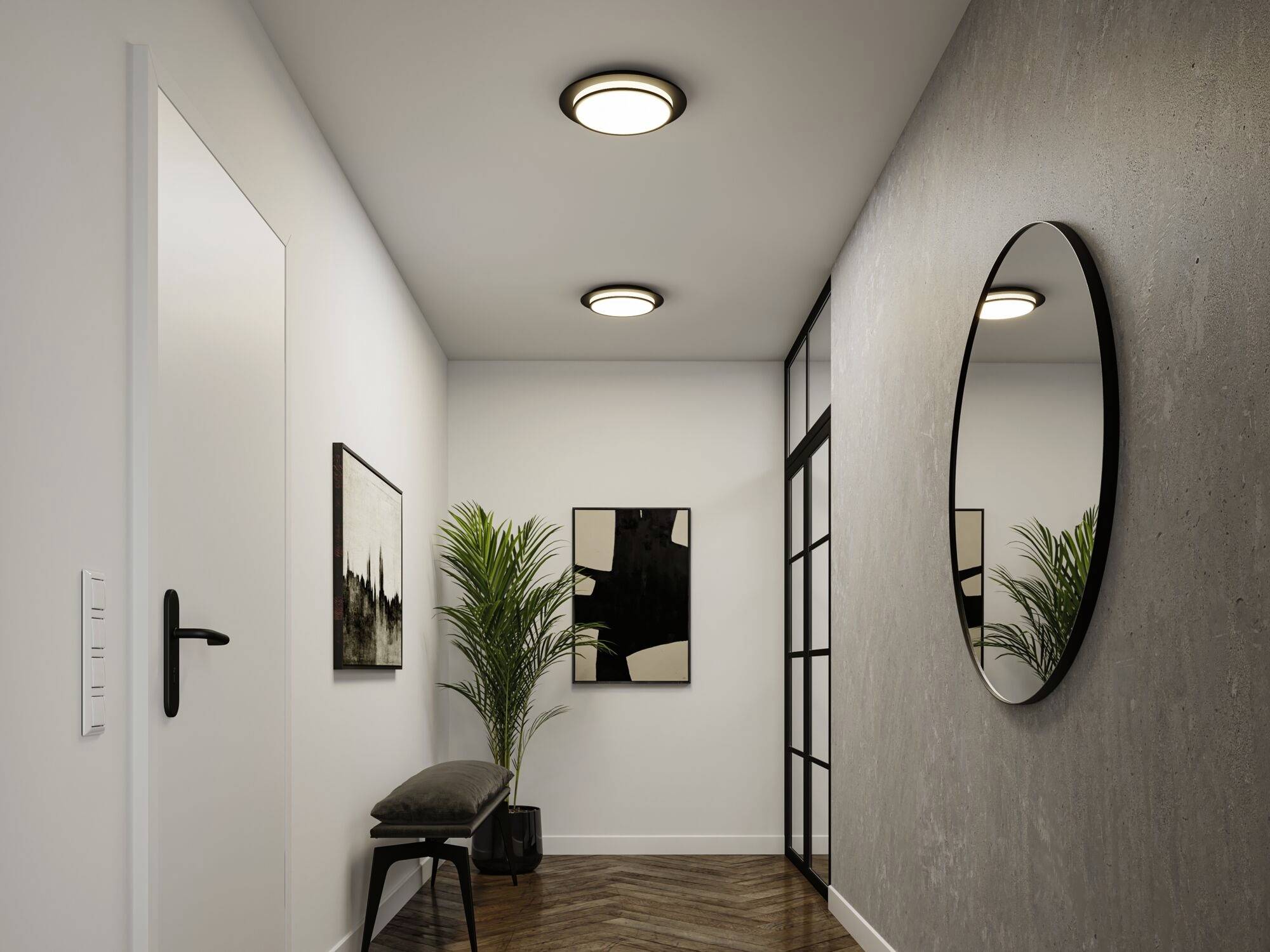 Moderná chodba s veľkým okrúhlym zrkadlom na pravej stene, dvoma abstraktnými umeleckými dielami a zelenou izbovou rastlinou vľavo.