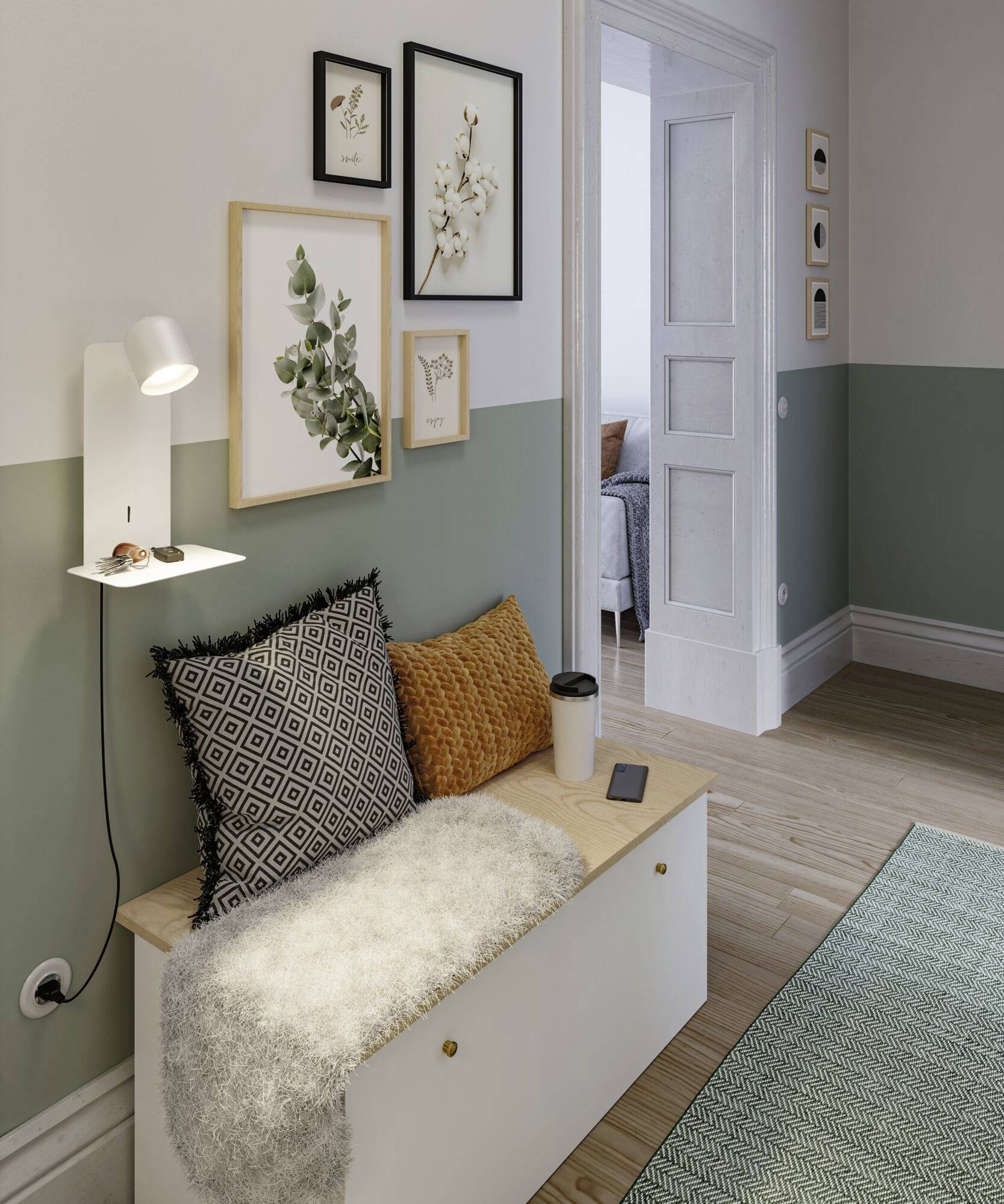 Útulný vstupný kút s lavicou, mäkkou dekou, vankúšmi, obrazmi na stene a vedľa dverami do ďalšej miestnosti.