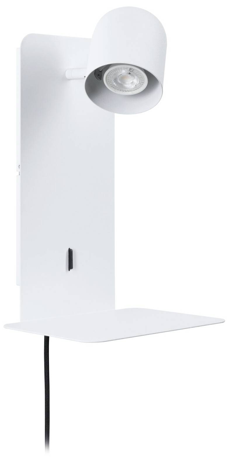 Biela, moderná nástenná lampa so sklápateľným svetelným reflektorom, namontovaná na obdĺžnikovom držiaku s malou odkladacou plochou a káblom.