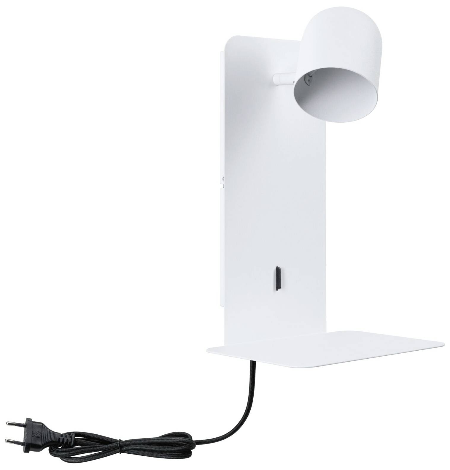 Biela nástenná lampa s nastaviteľným tienidlom a vstavanou policou, vhodná do čitateľských kútikov; súčasťou balenia je napájací kábel.