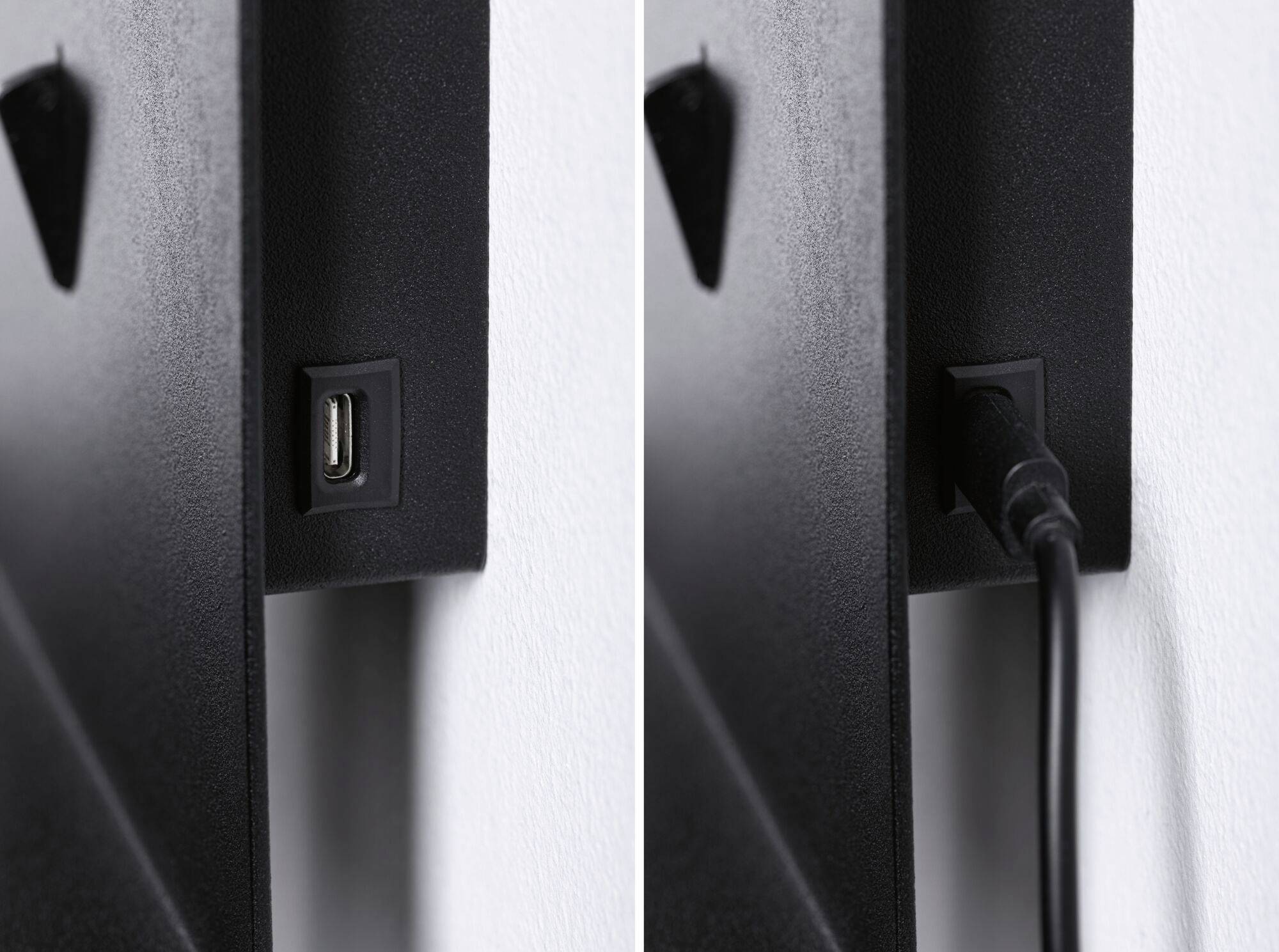 Dva obrázky vedľa seba: Vľavo USB-C port na čiernom povrchu; vpravo USB-C kábel zapojený do portu.