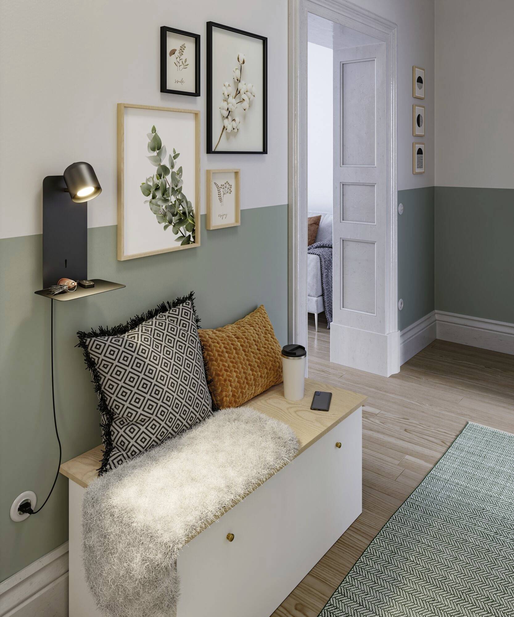 Útulný kútik s lavicou, vyzdobený vankúšmi a obrazmi na stene. V pozadí je viditeľná priľahlá miestnosť.