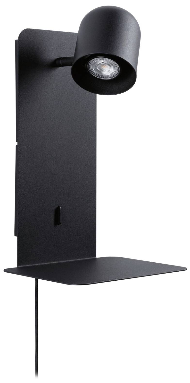 Čierna nástenná lampa s integrovanou malou policou, moderný štýl, viditeľný kábel na spodnej strane.