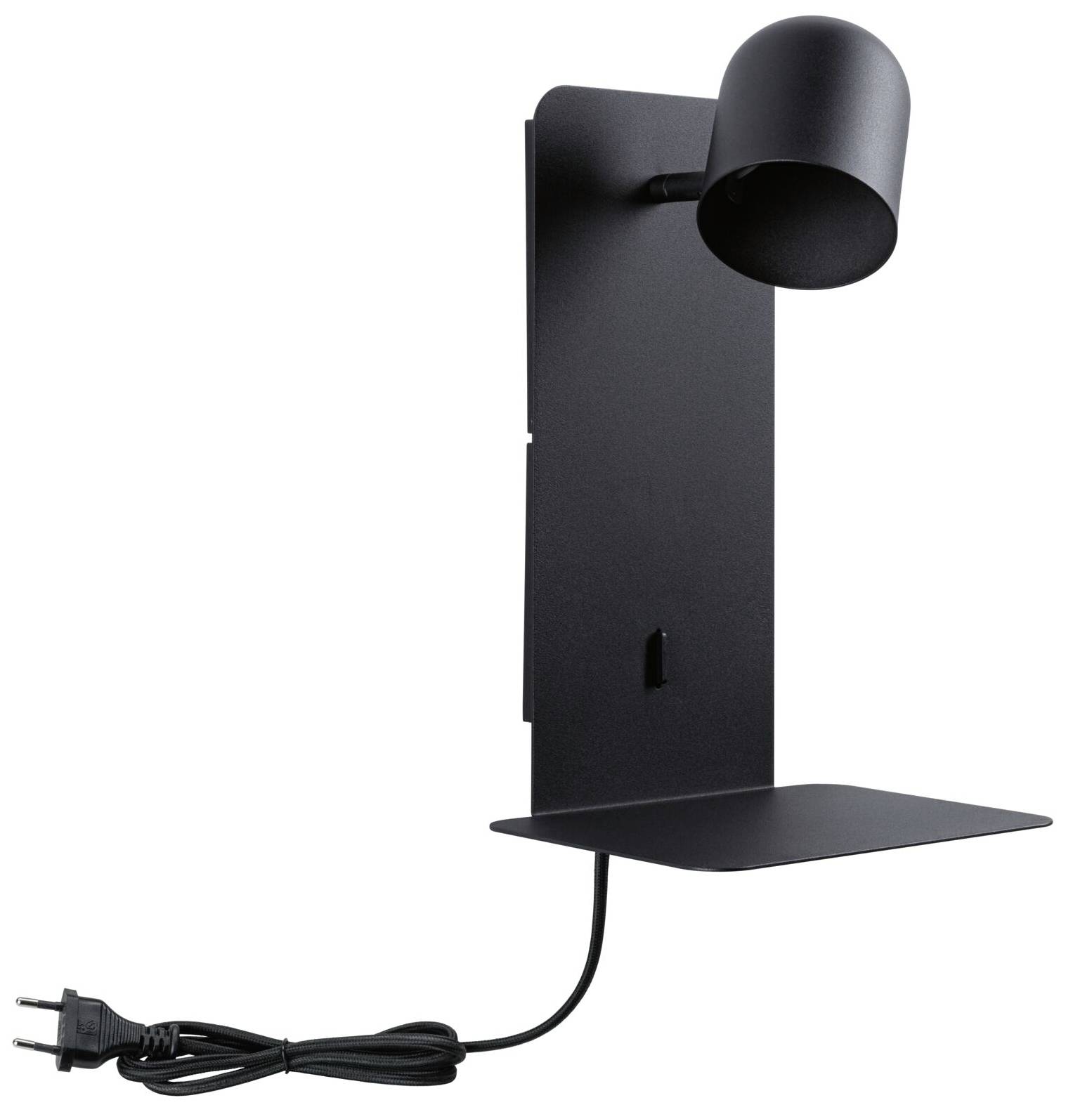 Čierna nástenná lampa s moderným dizajnom, vertikálnym úchytom a integrovanou odkladacou priehradkou, kábel so zástrčkou dole.