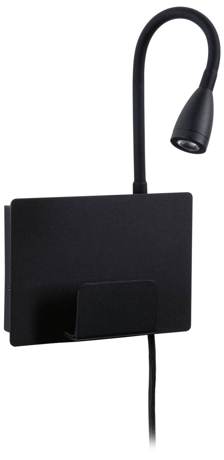 Čierna čítacia lampa s flexibilným krkom a obdĺžnikovým držiakom na stenu. Ideálna na presné osvetlenie priestoru počas čítania.