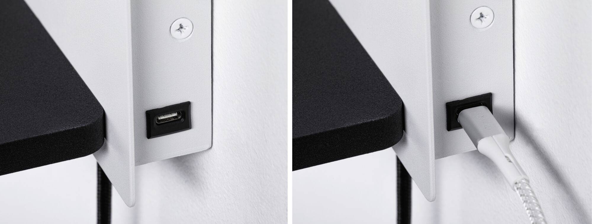 Dva obrázky vedľa seba: Vľavo prázdny USB port, vpravo rovnaký port s pripojeným USB káblom.