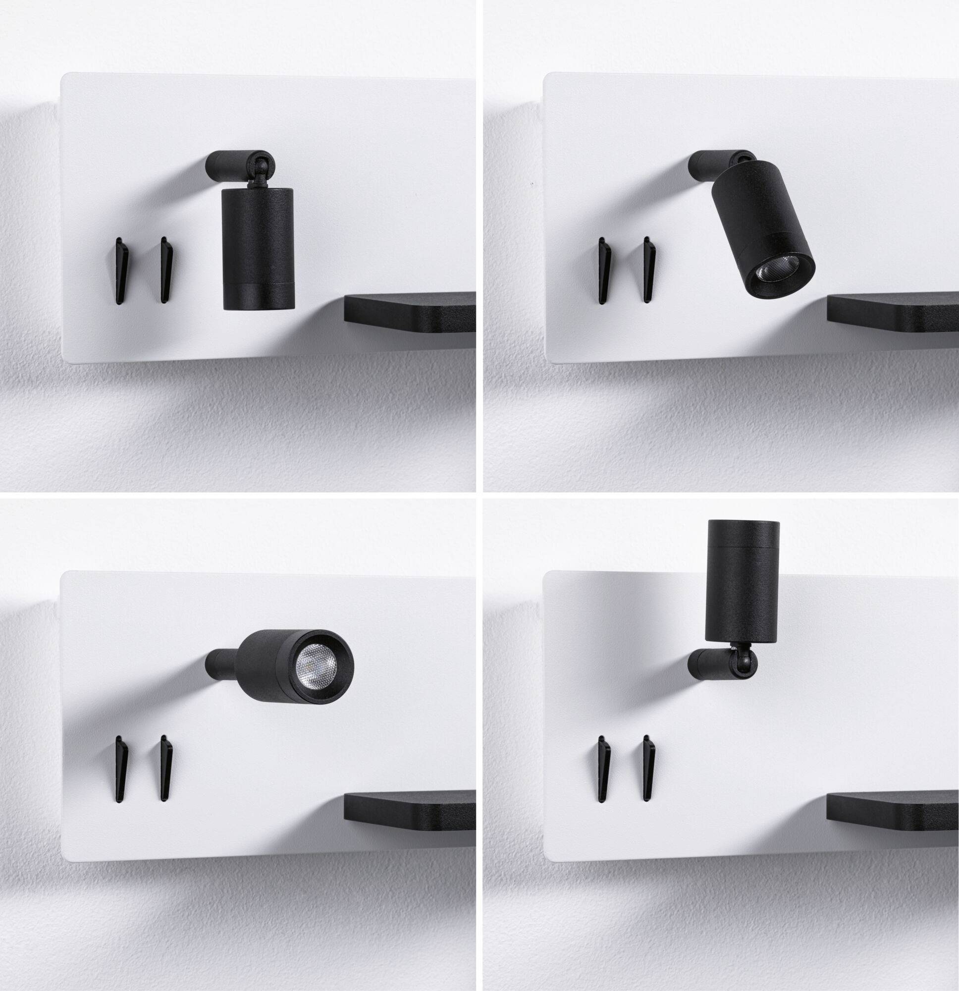Čierny nastaviteľný lampový tienidlový mechanizmus na bielej montážnej doske, zobrazený vo štyroch polohách, vedľa dvoch čiernych skrutiek na bielom pozadí.