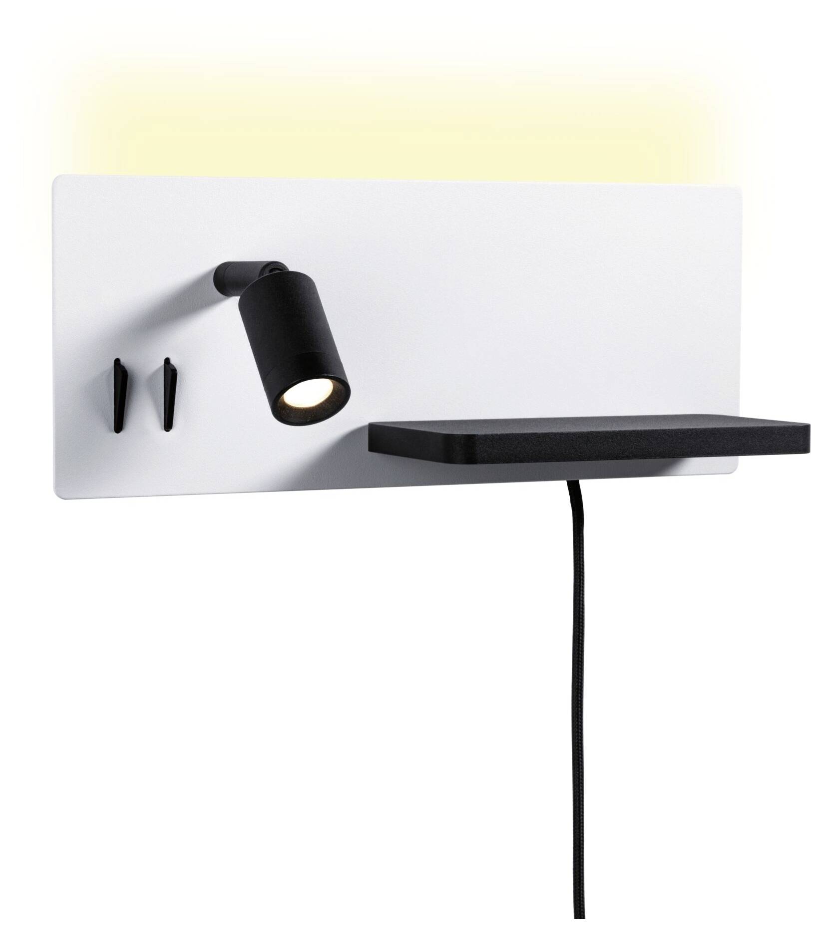 Nástenná lampa s moderným dizajnom: Čierne čítacie svetlo, polička na drobné predmety, dva háčiky, pripojený kábel.