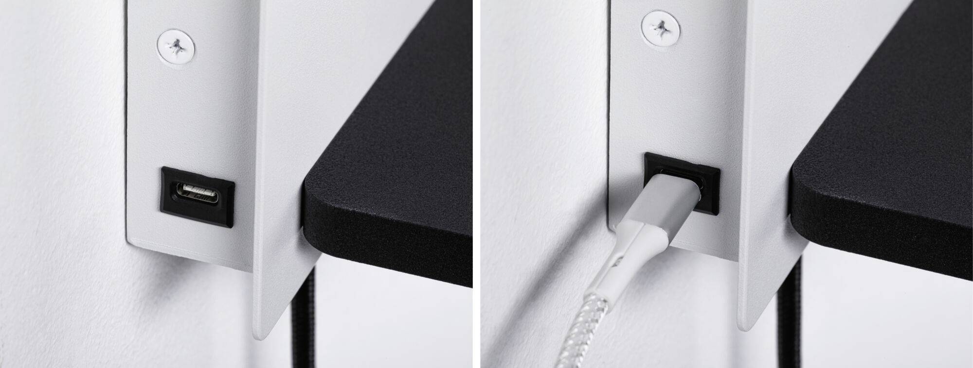 Dva obrázky: Vľavo USB port na držiaku na stene, vpravo rovnaký port s pripojeným USB káblom.