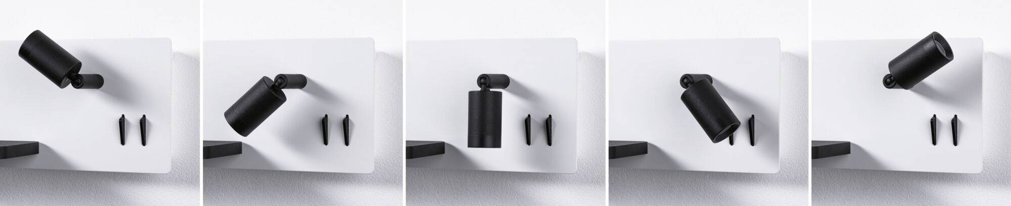 Štyri obrázky zobrazujú čierne nástenné svietidlo v rôznych uhloch s nastaviteľnou hlavou. Montuje sa pomocou dvoch skrutiek.