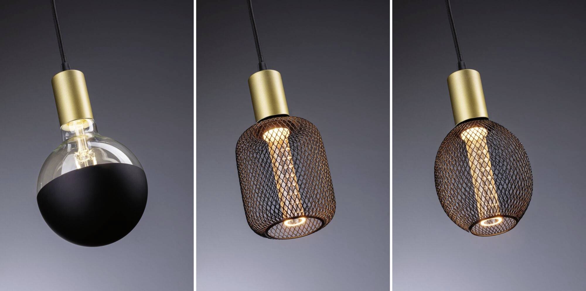 Tri moderné závesné lampy: vľavo sklená guľa v čierno-zlatom prevedení, uprostred lampa s drôteným košom, vpravo podobná strednej lampe.