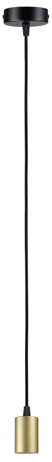 Závesná lampa so zlatým tienidlom a čiernym káblom, jednoduché moderné dizajnové prevedenie.