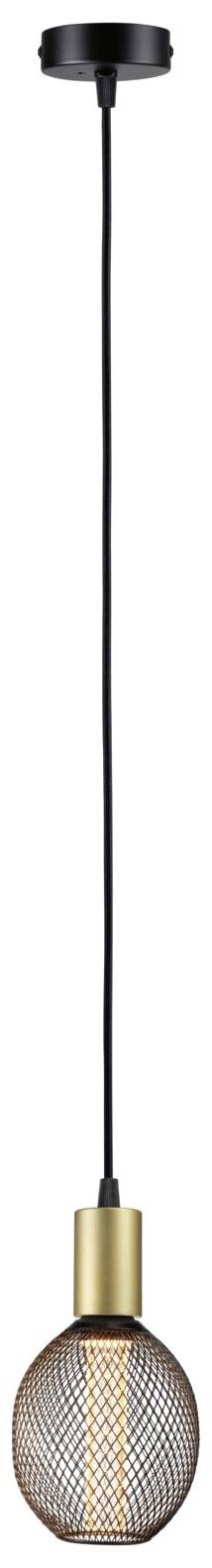 Závesná lampa s čiernym káblom, soklom v medenej farbe a guľovitým sklom v mriežkovom dizajne. Minimalistický štýl.