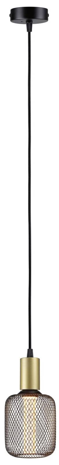 Závesná lampa s čiernym káblom, zlatou objímkou a sieťovitým tienidlom.