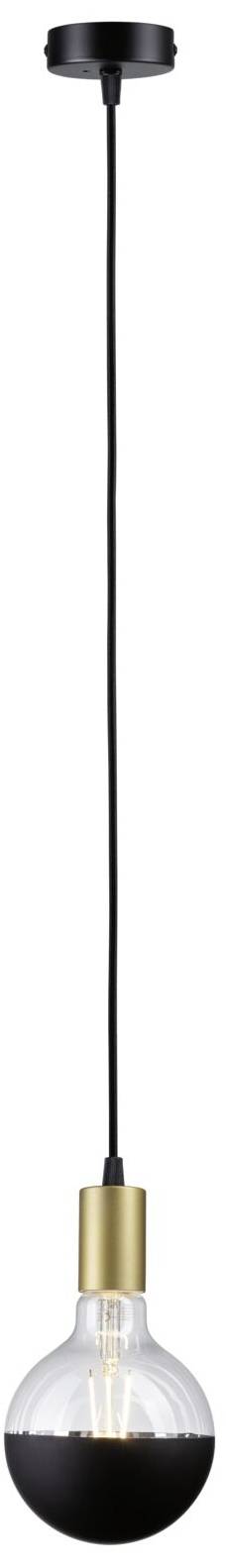 Závesná žiarovka s čiernou objímkou, zlatým akcentom a čiernym káblom, pred bielym pozadím.